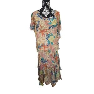 Signature by Robbie Bee Womens 14 Tropical Floral Sequin 2pc Skirt Set Tan Blue